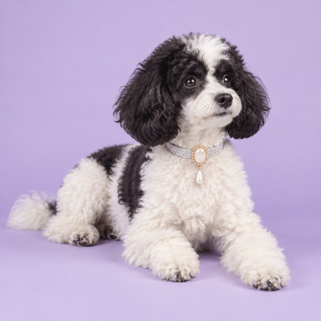 Black-and-white parti miniature poodle lounging