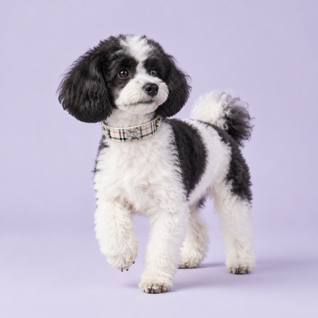 Black-and-white parti miniature poodle standing