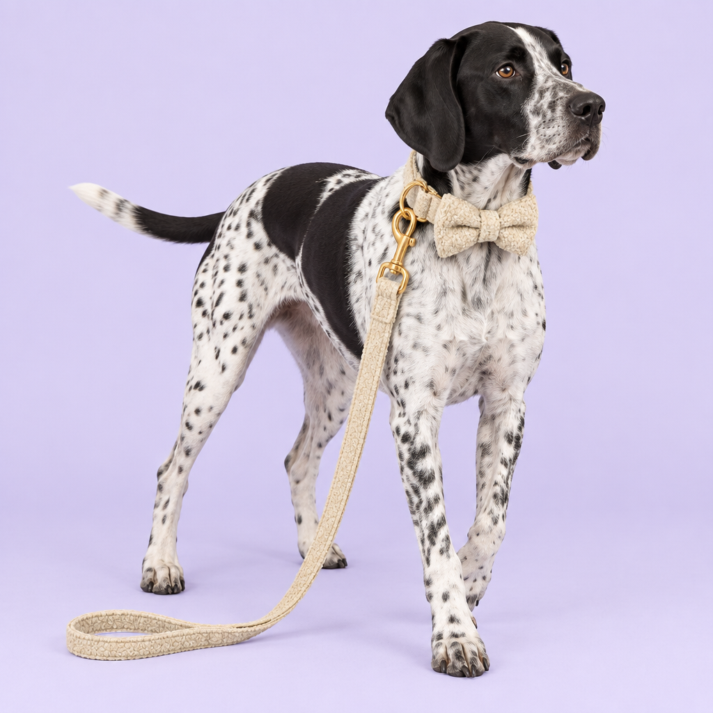 Black-and-white pointer mix wearing beige teddy fleece bow collar and leash