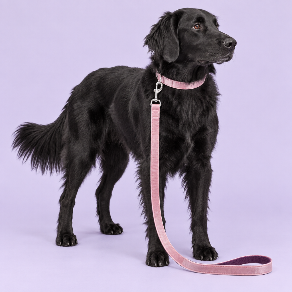 Black-and-white retriever mix wearing blush pink velvet set