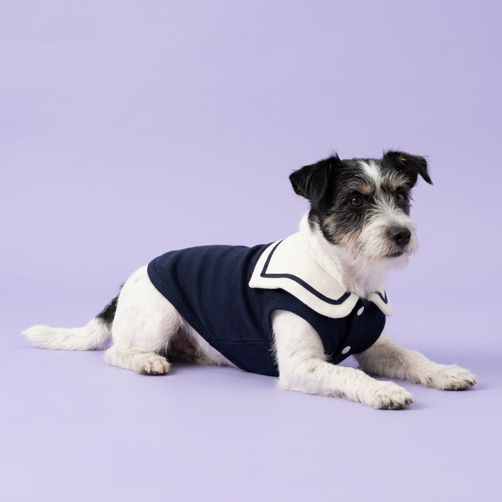 Black-and-white terrier lounging in the sailor shirt
