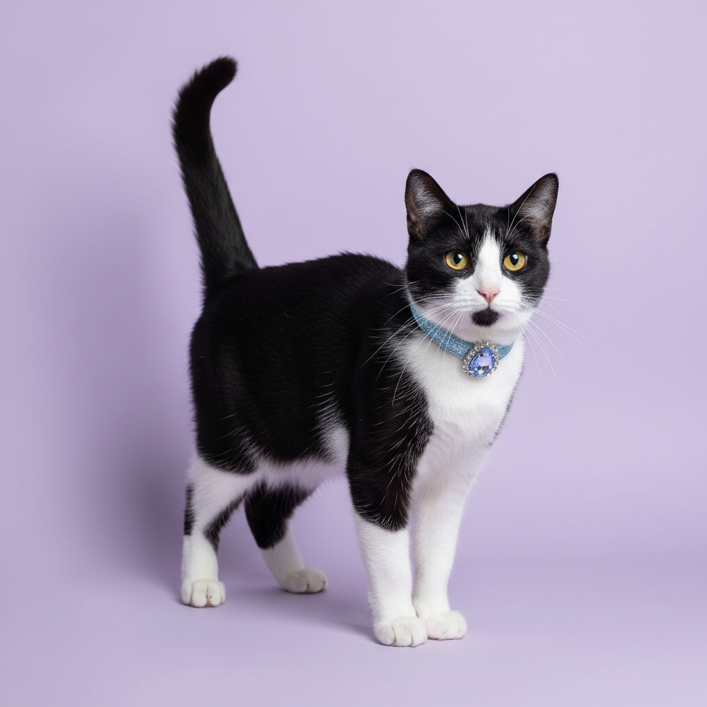 Black-and-white tuxedo cat in the Blue Sparkle collar