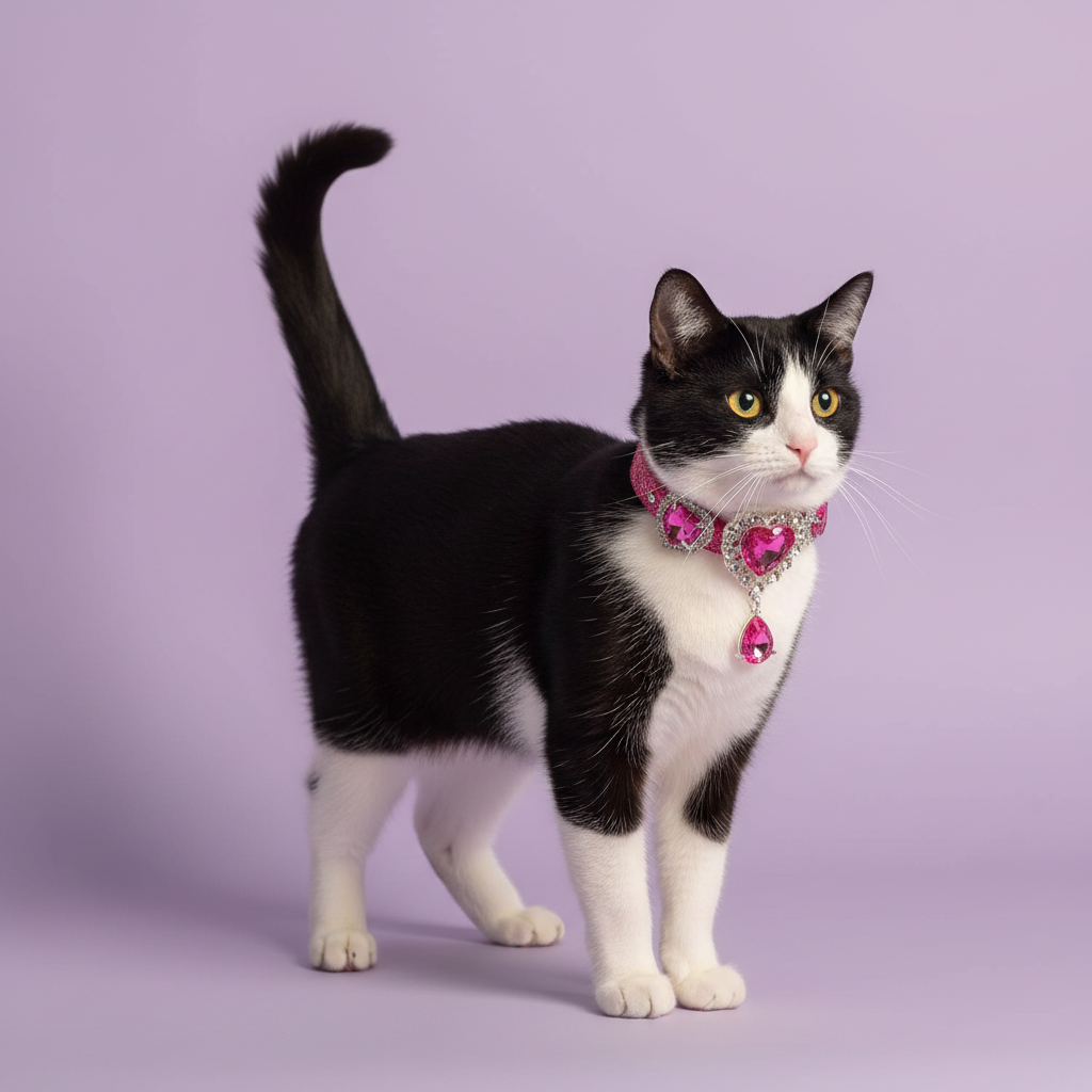 Black-and-white tuxedo cat in the magenta heart dangle collar