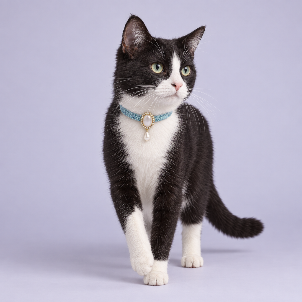 Black-and-white tuxedo cat taking a gentle step