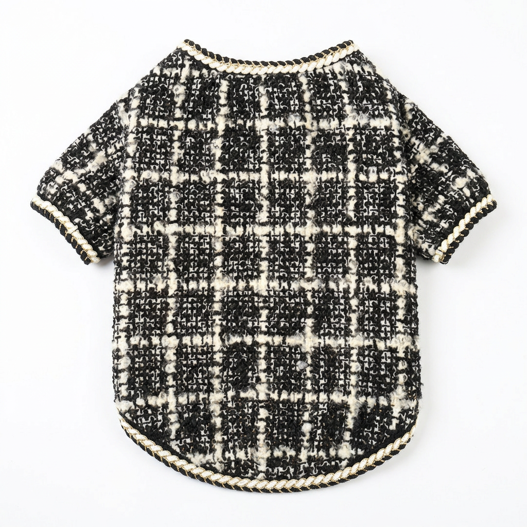 Black and white tweed pet jacket back view centered on a square white background