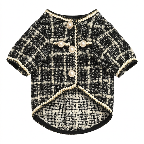 Black and white tweed pet jacket centered on a square white background