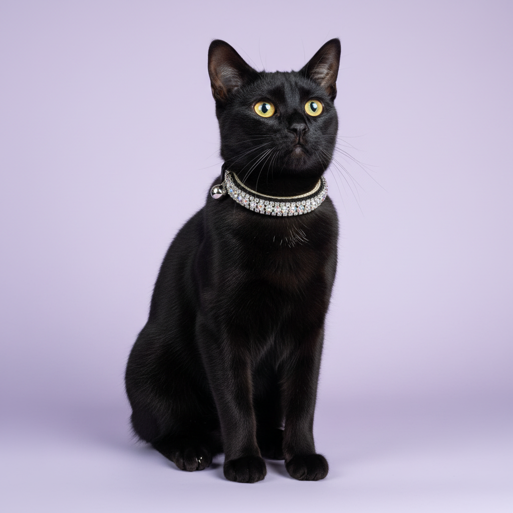 Black Bombay cat in the black velvet collar with AB trim