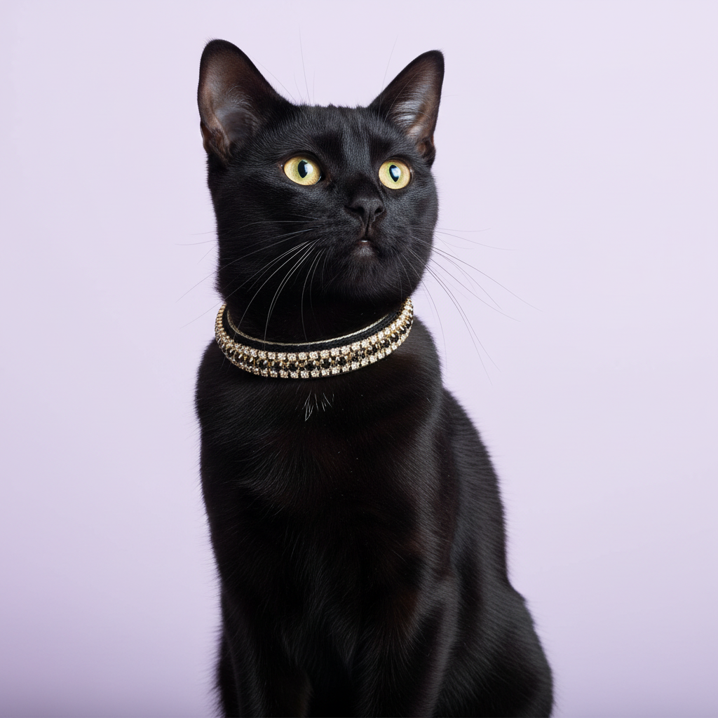 Black Bombay cat in the black velvet collar with black trim