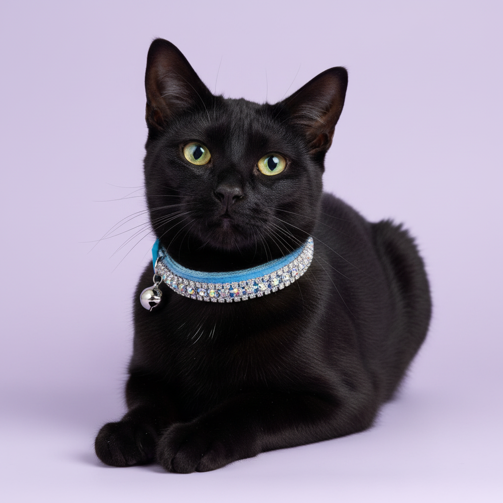 Black Bombay cat in the light-blue AB velvet collar