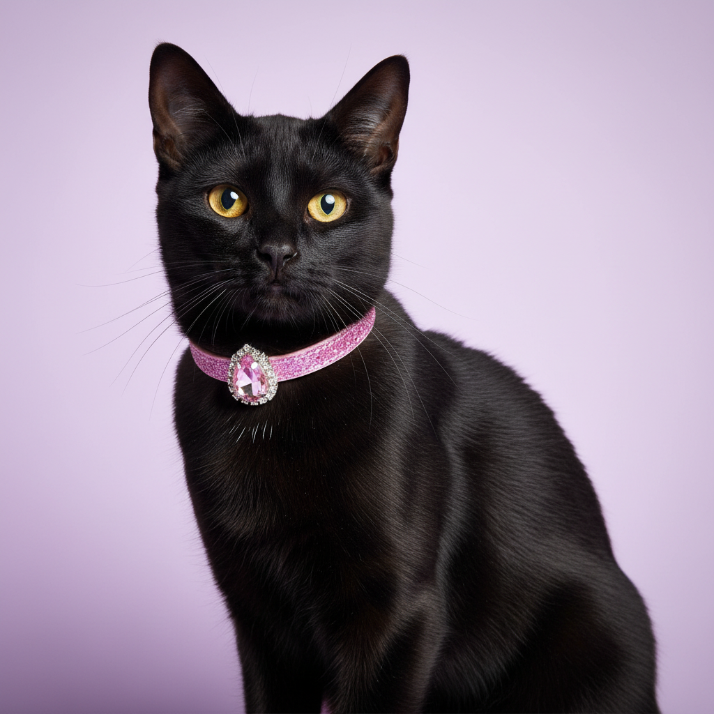 Black Bombay cat in the Pink Sparkle collar