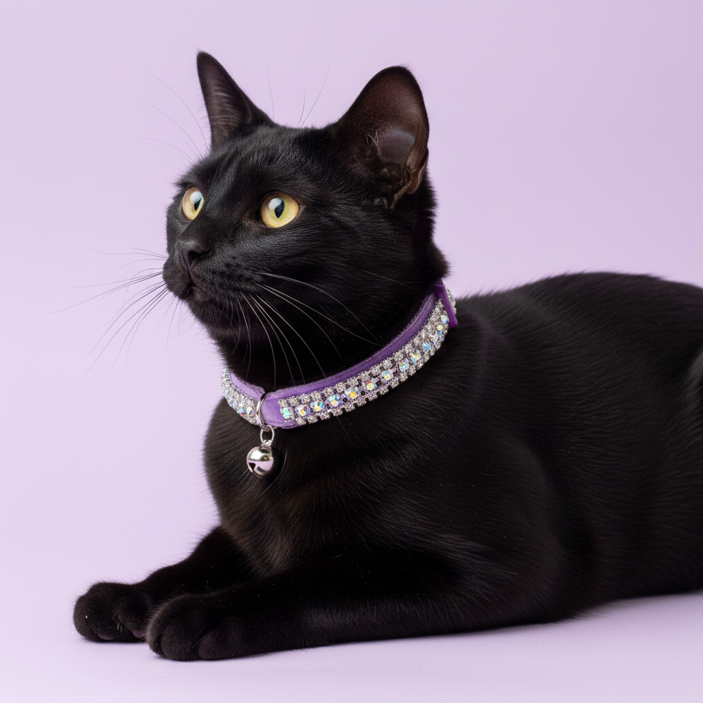 Black Bombay cat in the purple velvet collar with AB trim