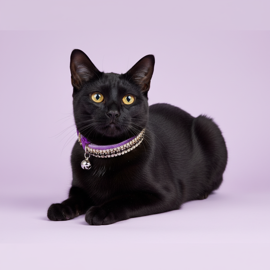 Black Bombay cat in the purple velvet collar with black trim