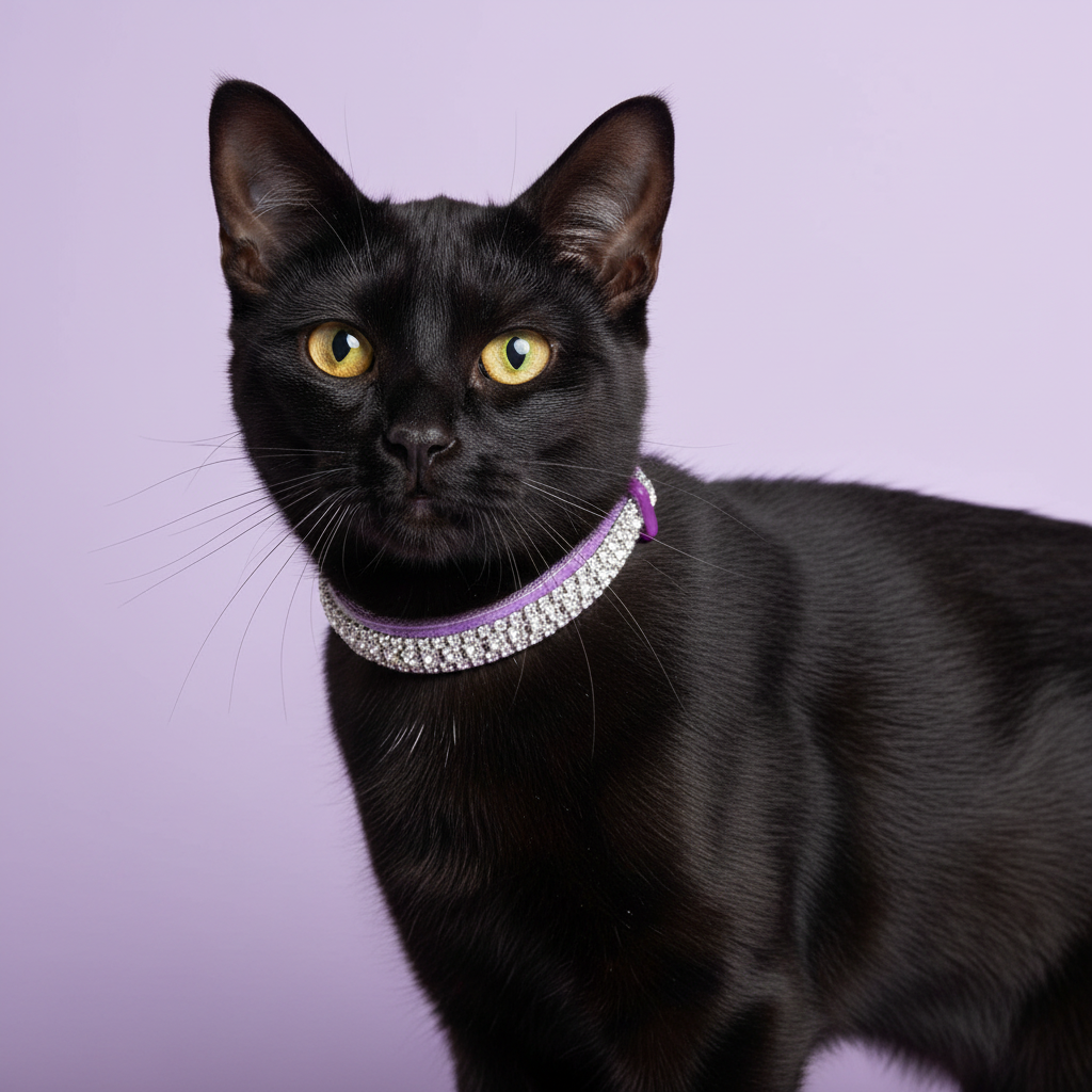 Black Bombay cat in the purple velvet collar with clear trim