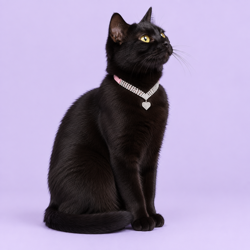 Black Bombay cat seated in profile and looking upward