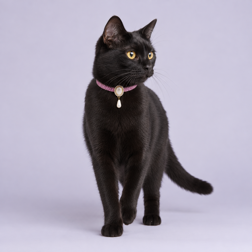 Black Bombay cat taking a gentle step