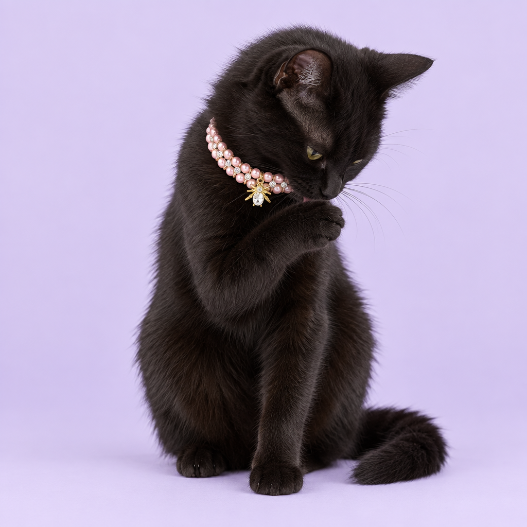 Black cat in a gentle grooming pose