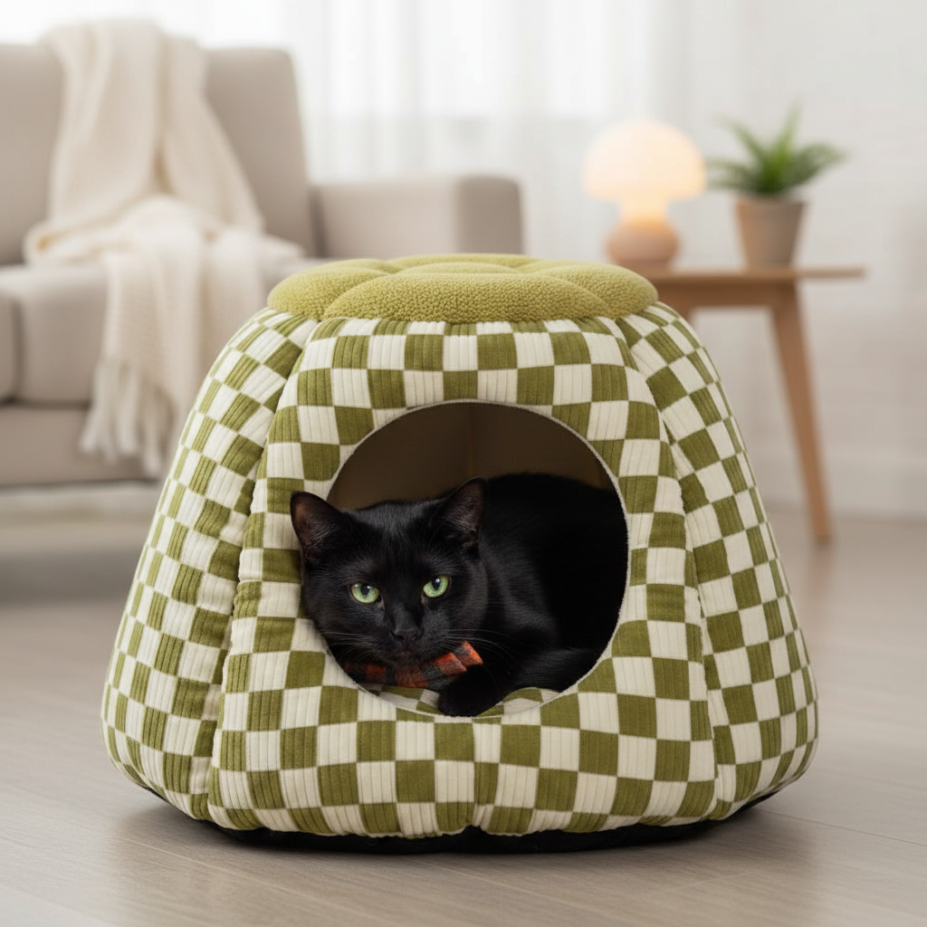 Green-eyed black cat lounging inside an olive green and cream checkerboard print igloo cave pet bed with round tufted olive boucle top, placed on a hardwood floor in a bright neutral living room with a cream sofa, warm lamp, and potted plant in the background, wearing an orange and brown plaid bow tie collar