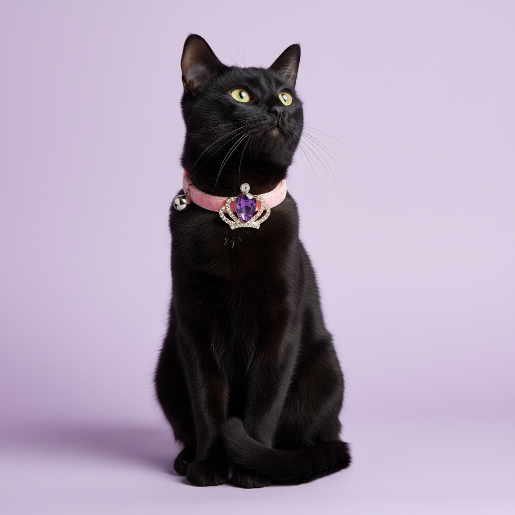 Black cat wearing blush pink velvet cat collar with gold crown and purple amethyst teardrop gem pendant — luxury cat collar