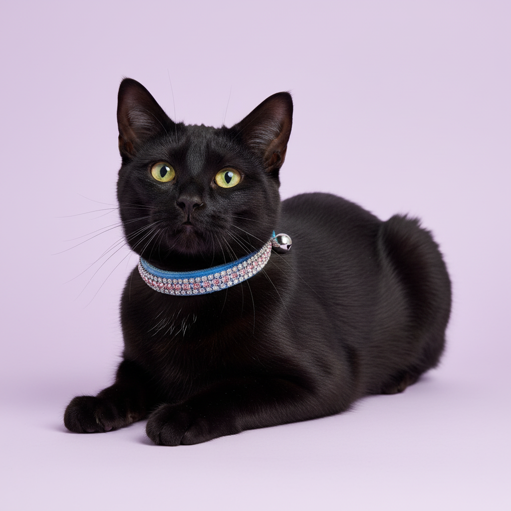 Black cat in the light-blue velvet collar with pink trim