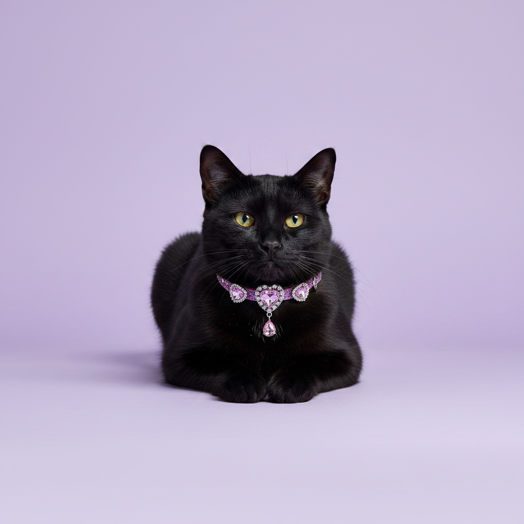 Yellow-green-eyed black cat in loaf position with front paws tucked and facing camera wearing a lavender collar with three rhinestone-framed light purple heart crystals and a dangling teardrop lavender crystal pendant, luxury heart gem cat collar on solid lavender background