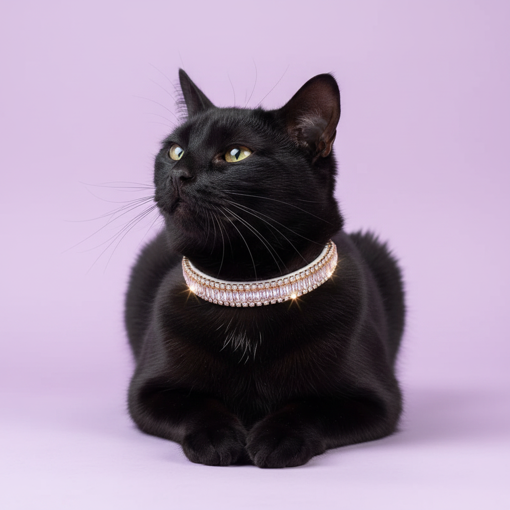 Pretty Posh Pets luxury rhinestone cat collar — a sleek black cat in a loaf pose wearing a white leather collar with emerald-cut clear crystal baguette gemstones bordered by sparkling round rhinestones in rose gold, gazing upward with bright green eyes against a soft lavender background.