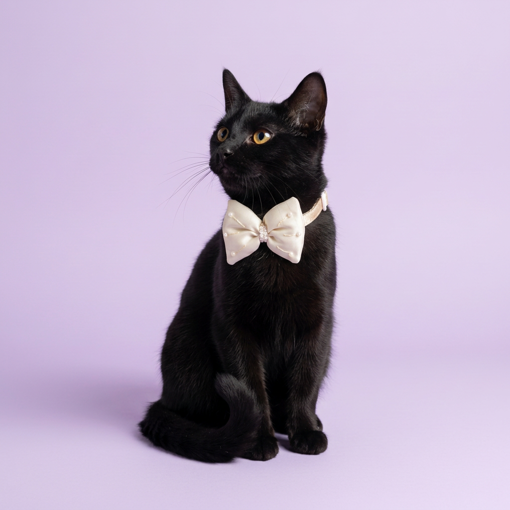 Black cat looking upward in ivory bow collar