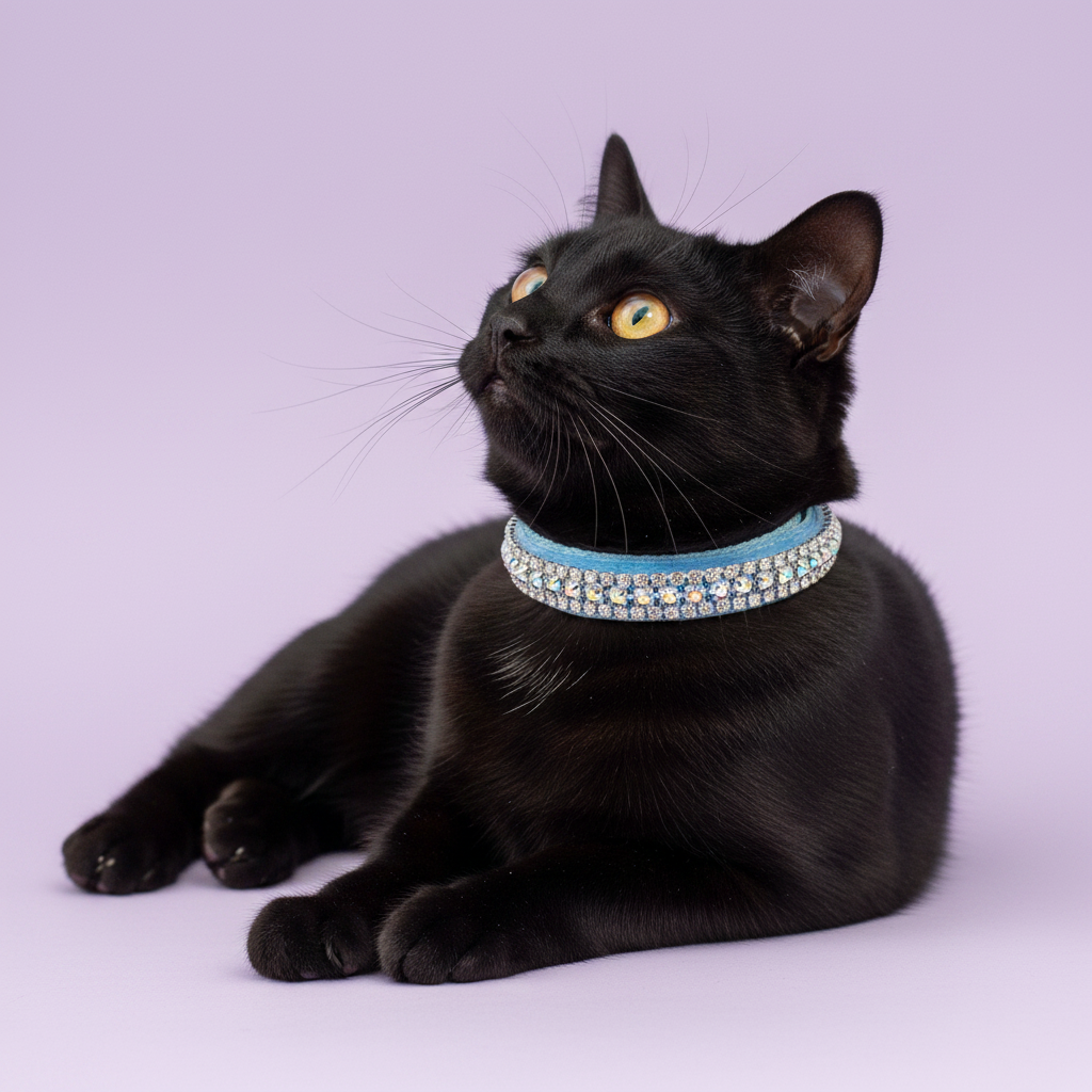 Yellow-eyed black Bombay cat lying down with head raised and gazing upward in three-quarter view wearing a blue velvet double-row AB iridescent crystal rhinestone collar, luxury rhinestone cat collar on lavender background