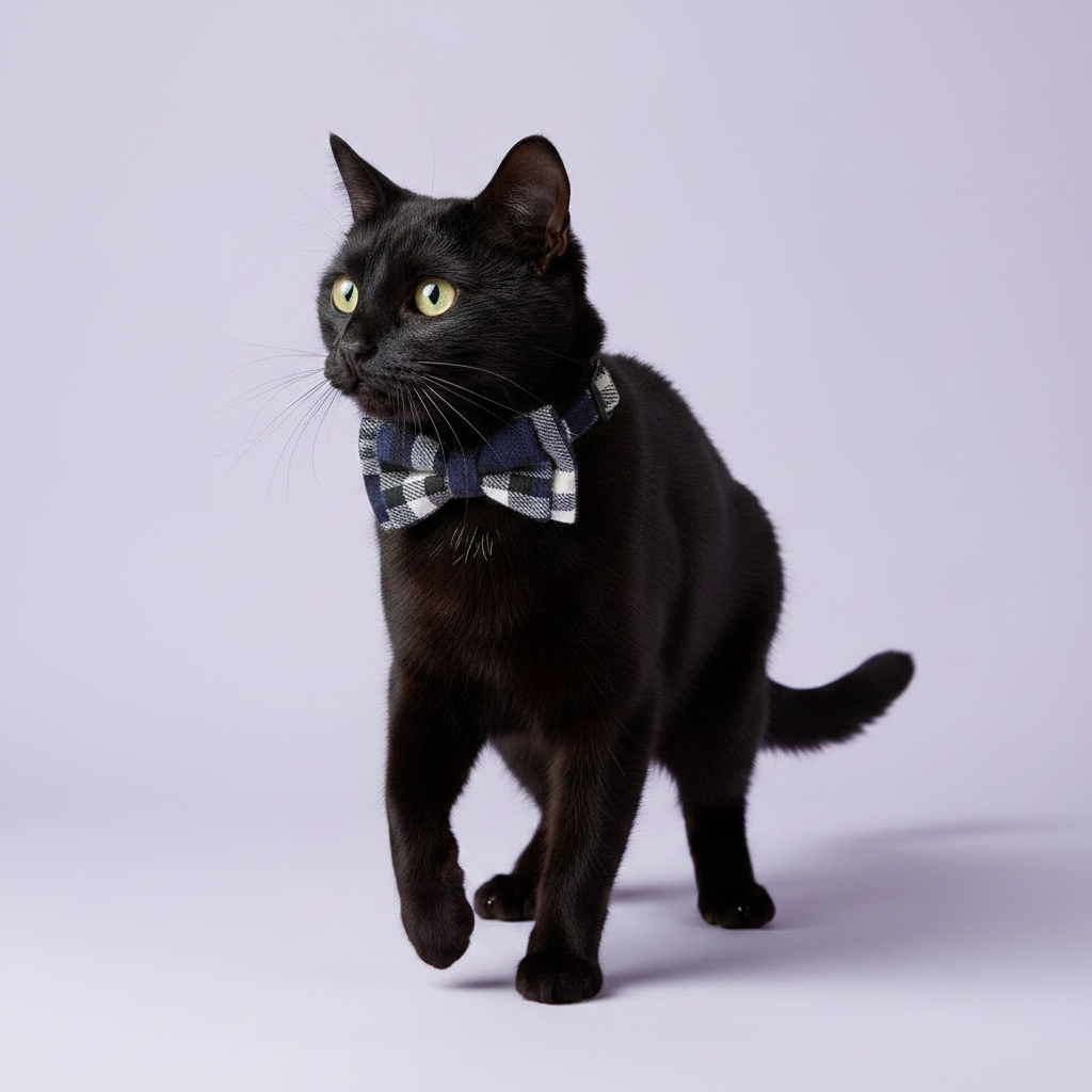 Black cat mid-stride in a three-quarter pose wearing a navy blue plaid bow tie breakaway cat collar