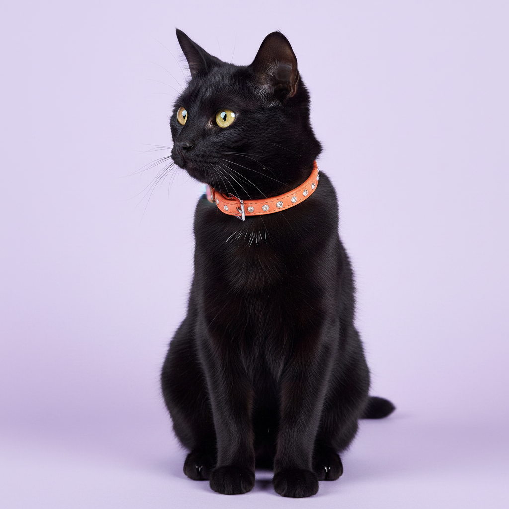 Black cat wearing an orange rhinestone crystal leather cat collar with silver buckle, full body seated studio portrait on lavender background