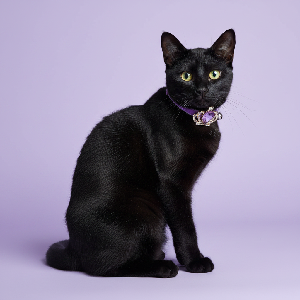 Black cat sitting upright and glancing over its shoulder wearing a purple velvet breakaway cat collar with a silver crown and amethyst purple crystal pendant