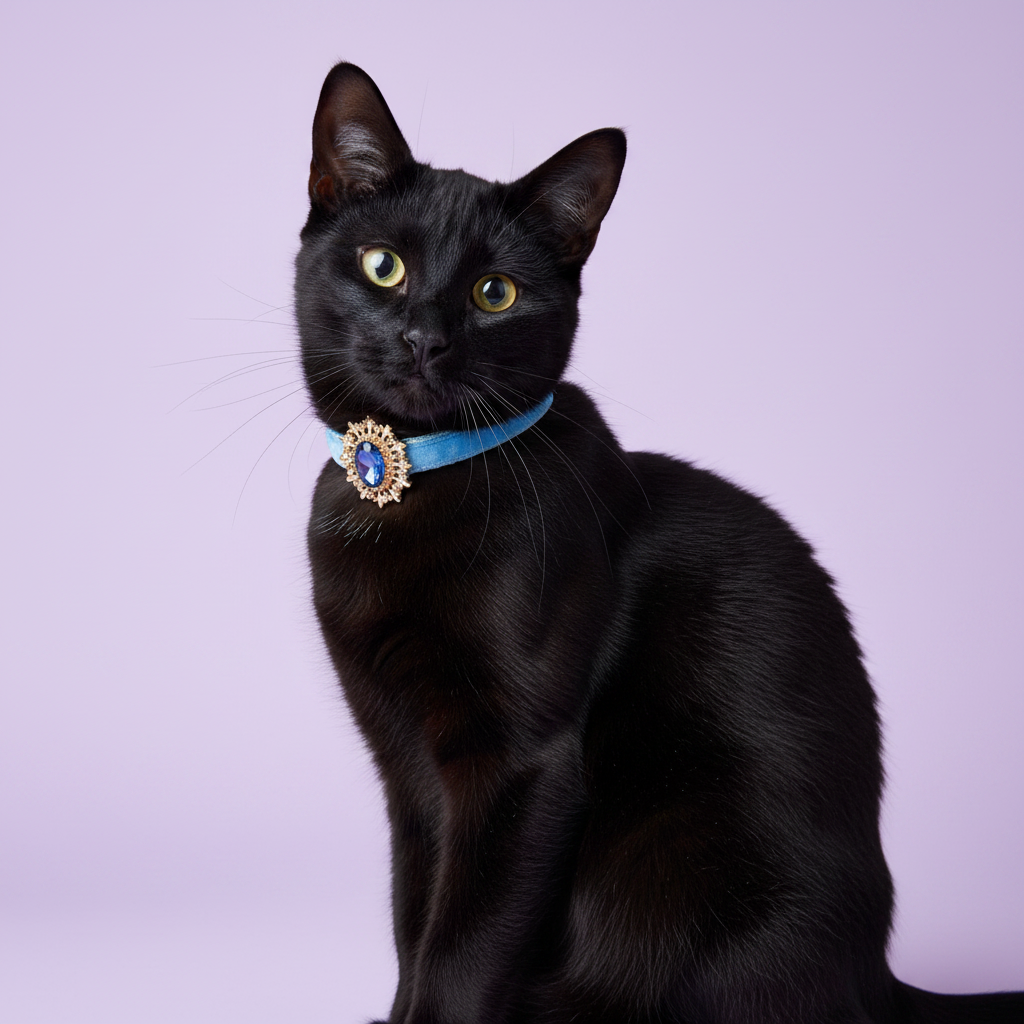 Black cat with yellow-green eyes sitting upright in a three-quarter pose gazing over its shoulder wearing a light blue velvet breakaway cat collar with a sapphire blue oval crystal sunburst pendant