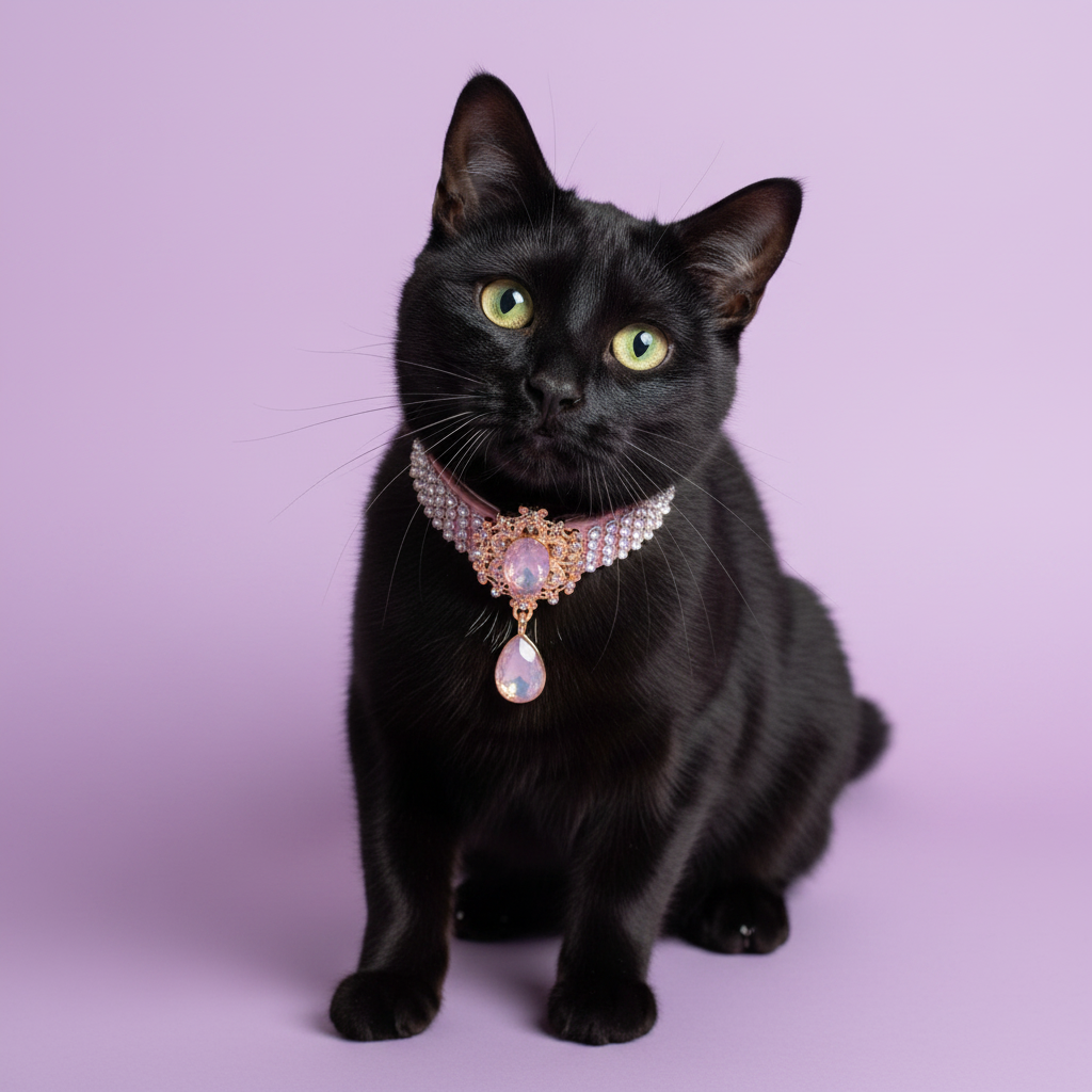 Yellow-green-eyed black cat sitting tall and gazing upward wearing a pink pearl and rhinestone collar with an ornate gold Victorian centerpiece featuring an oval iridescent opal crystal and a dangling teardrop opal pendant, luxury Victorian crystal cat collar on solid lavender background