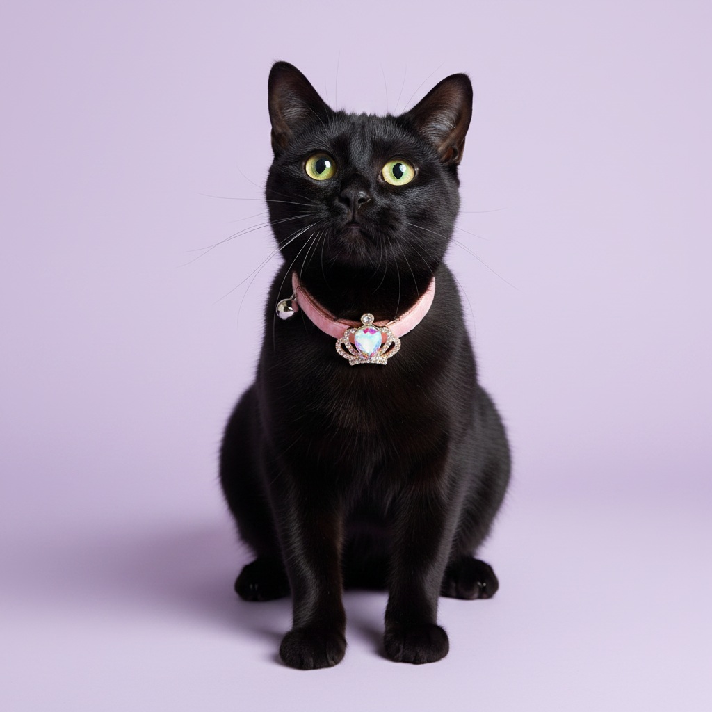 Black cat sitting upright and gazing upward wearing a light pink velvet breakaway cat collar with a silver crown and iridescent aurora crystal pendant