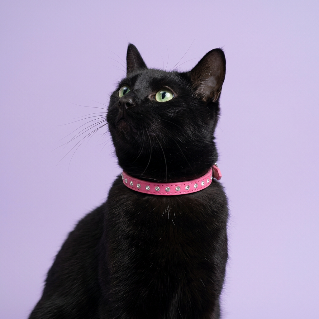 Black cat portrait with an upward glance