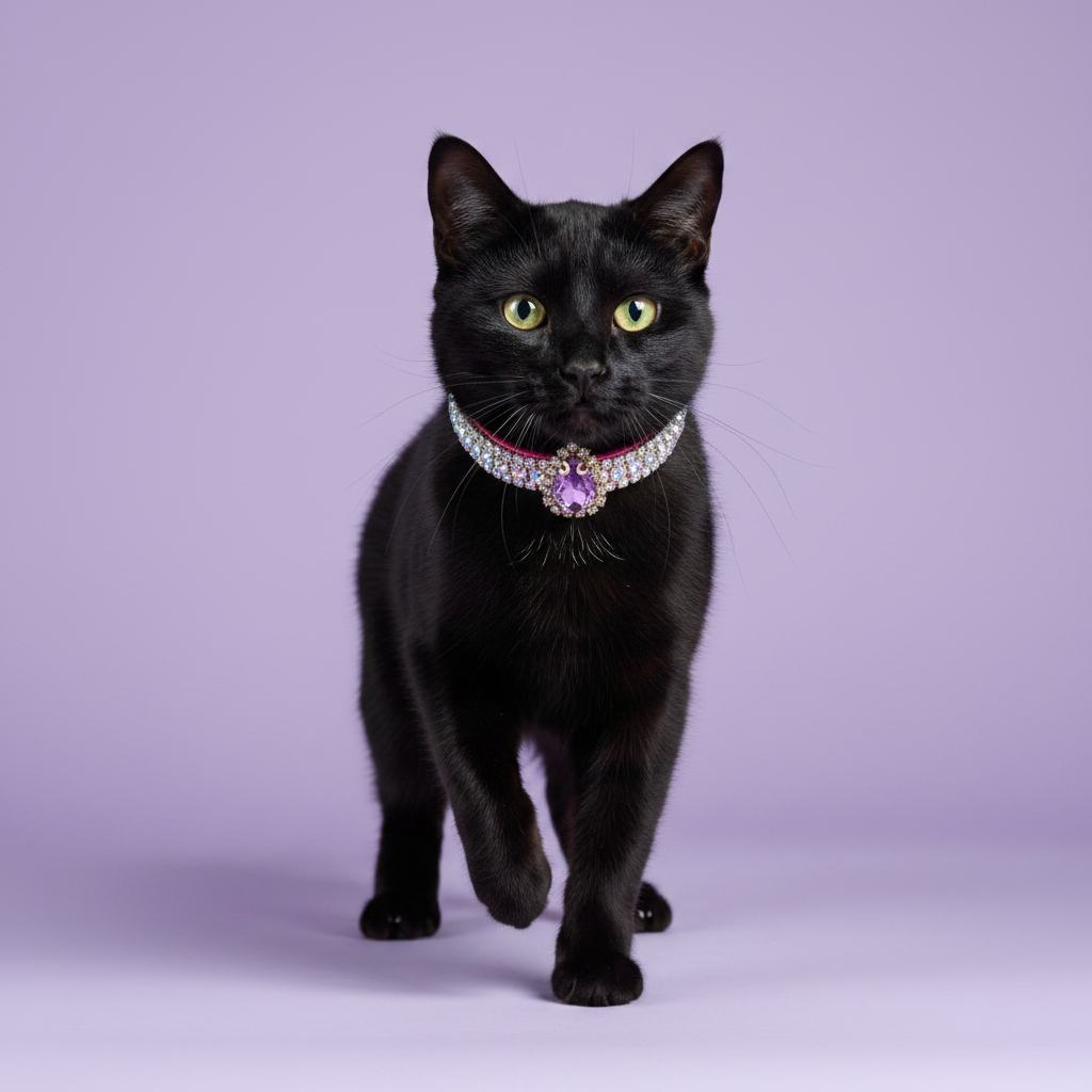 Yellow-green-eyed black cat walking toward camera with one paw raised wearing a pink AB iridescent rhinestone collar with oval purple amethyst crystal pendant, luxury gemstone cat collar for black cats on lavender background