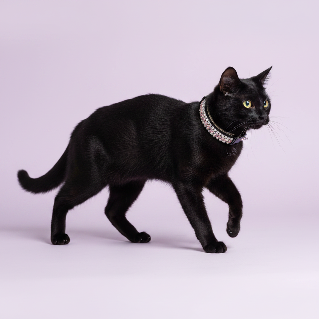 Yellow-eyed black cat mid-stride in profile view wearing a black velvet triple-row clear crystal rhinestone collar, luxury rhinestone cat collar on lavender background