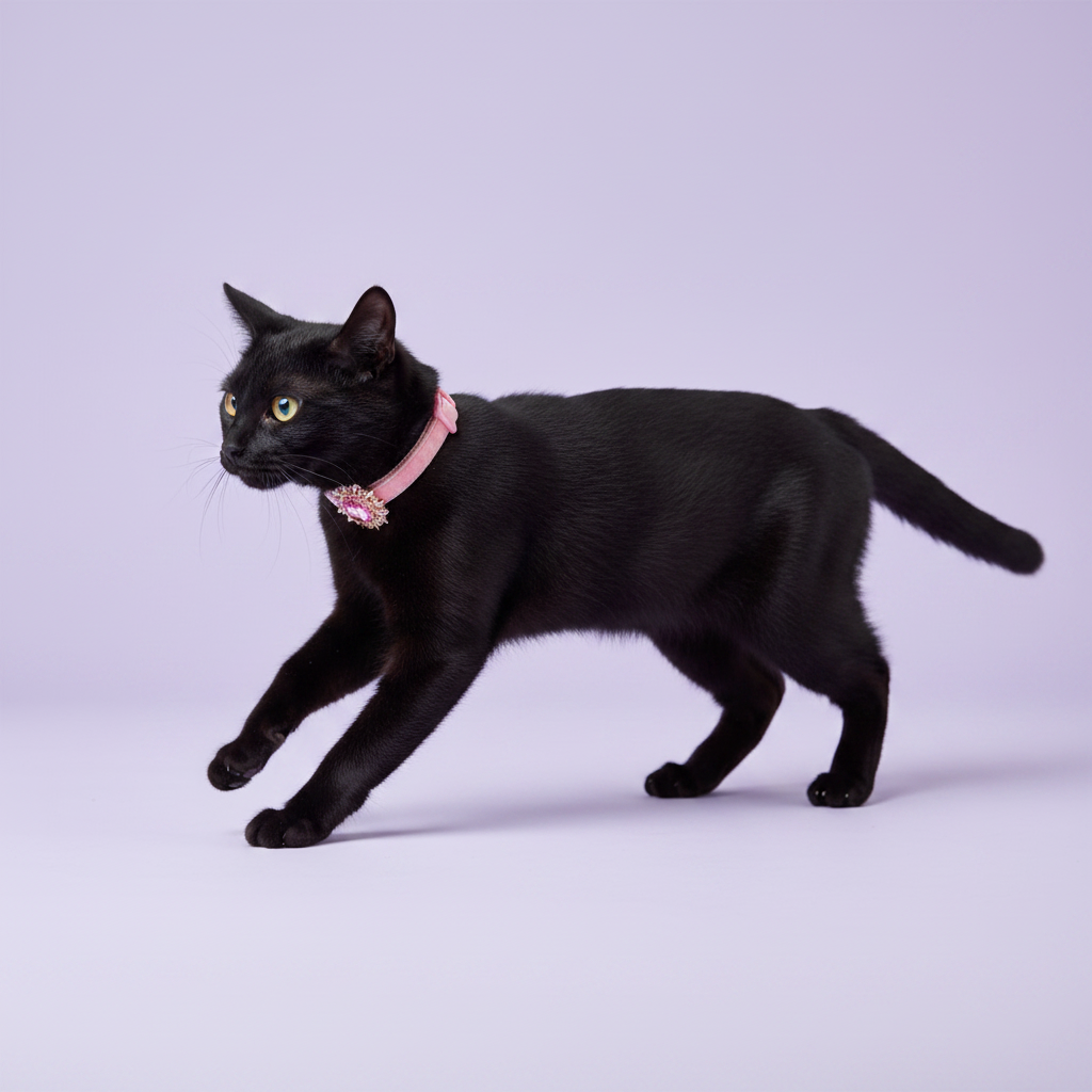 Black cat mid-stride in full side profile wearing a light pink velvet breakaway cat collar with a pink oval crystal sunburst pendant