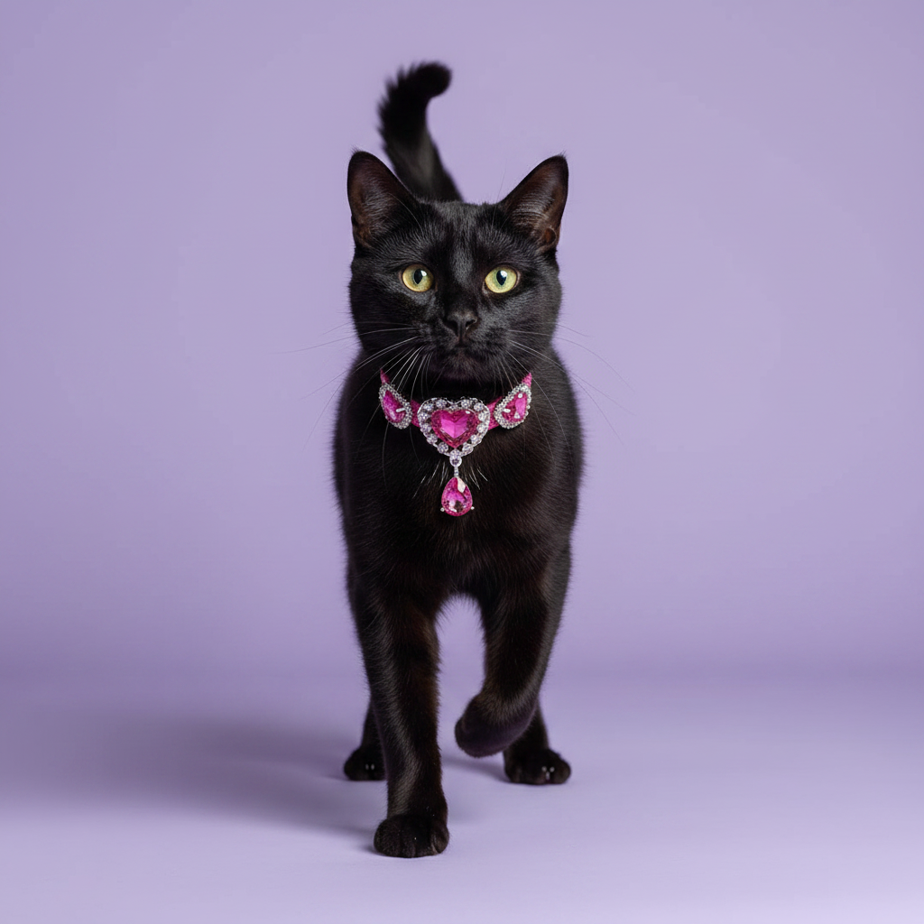Yellow-green-eyed black cat walking toward camera with tail raised and one front paw lifted wearing a hot pink rhinestone collar with three rhinestone-framed hot pink heart crystals and a dangling teardrop pink crystal pendant, luxury heart gem cat collar on solid lavender background