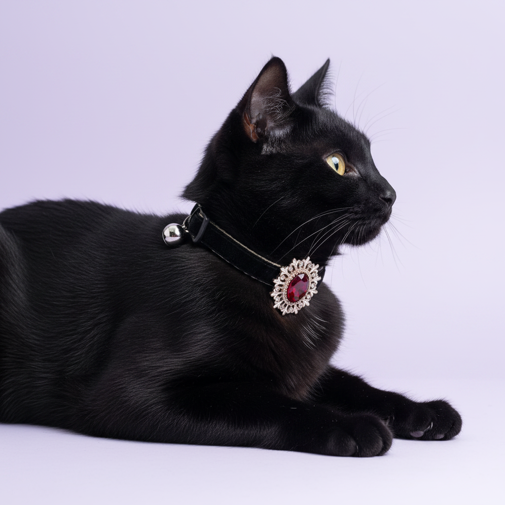 Black cat lounging regally on its side in profile wearing a black velvet breakaway cat collar with a ruby red oval crystal sunburst pendant