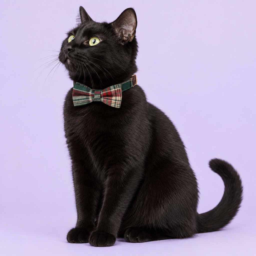 Black cat sitting with plaid bow collar