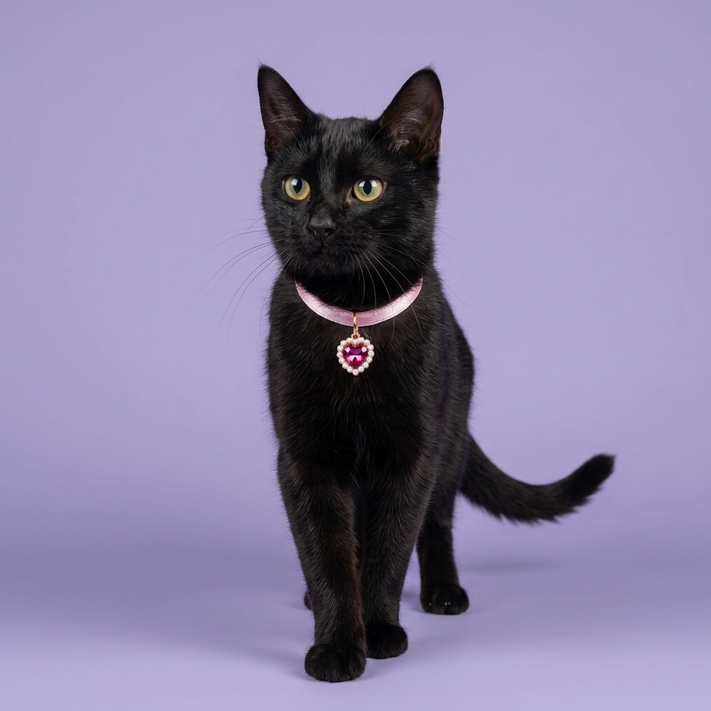 Black cat stepping in pink heart-pendant collar