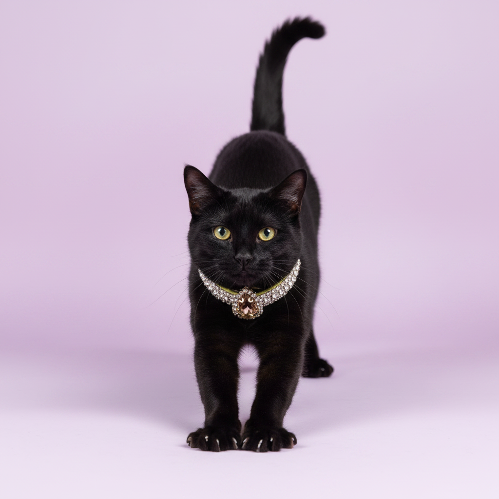 Yellow-green-eyed black Bombay cat in a forward stretch pose facing camera with tail raised wearing a gold crystal rhinestone collar with large teardrop pendant, luxury diamond-style cat collar for black cats on lavender background