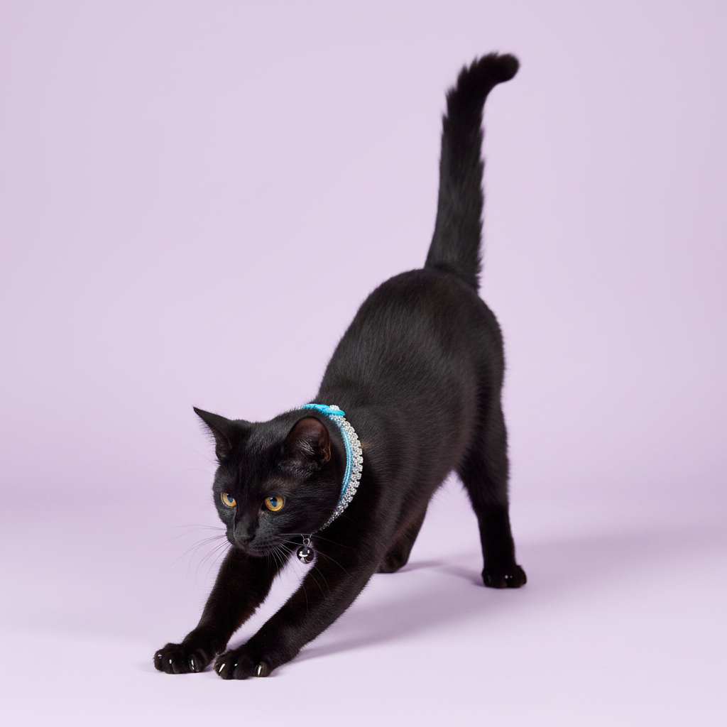 Yellow-eyed black Bombay cat in a full forward stretch pose with tail raised wearing a blue velvet crystal rhinestone collar with silver bell, luxury rhinestone cat collar for black cats on lavender background