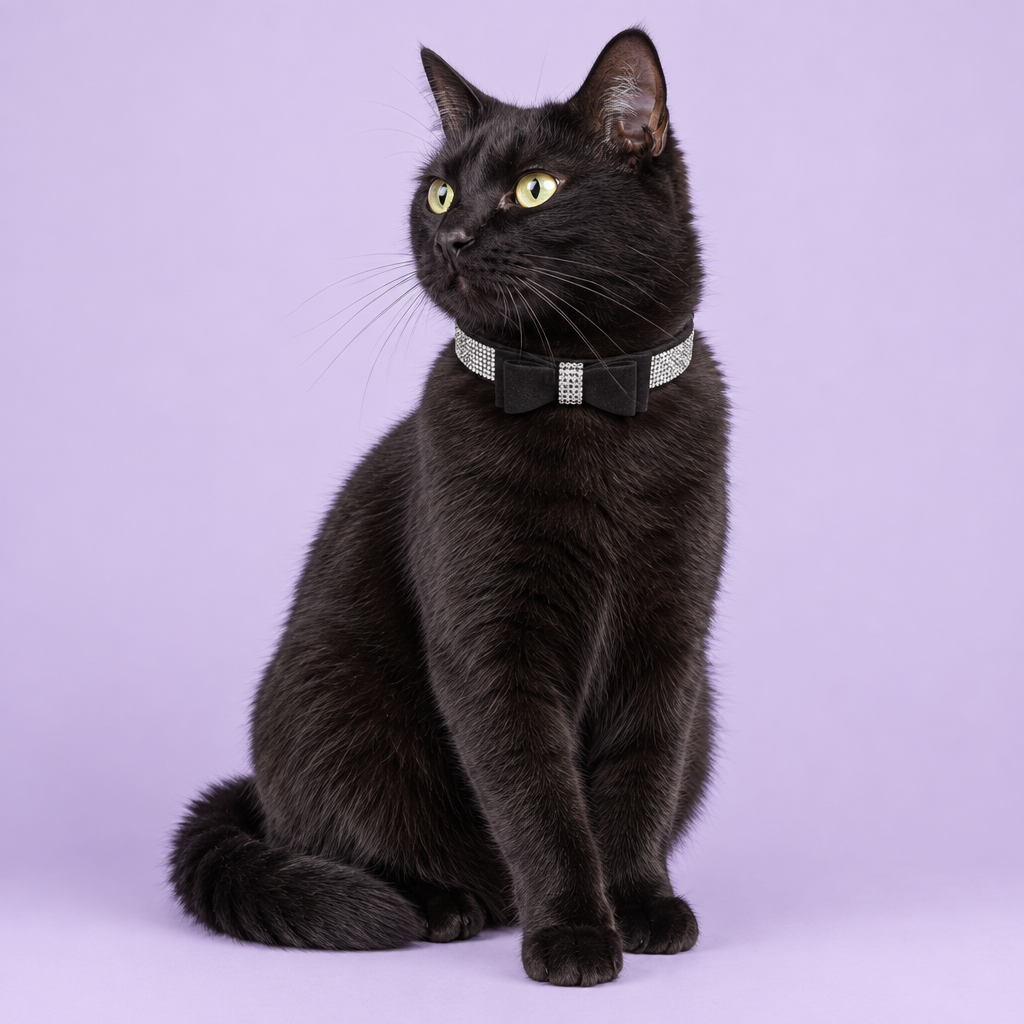 Black cat wearing the black crystal bow collar
