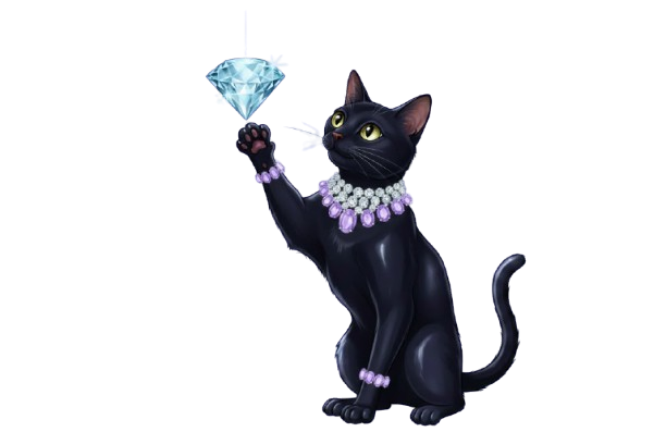 Sleek black cat wearing a white and purple gemstone collar — luxury rhinestone cat accessories from Pretty Posh Pets for glamorous, fashion-forward felines