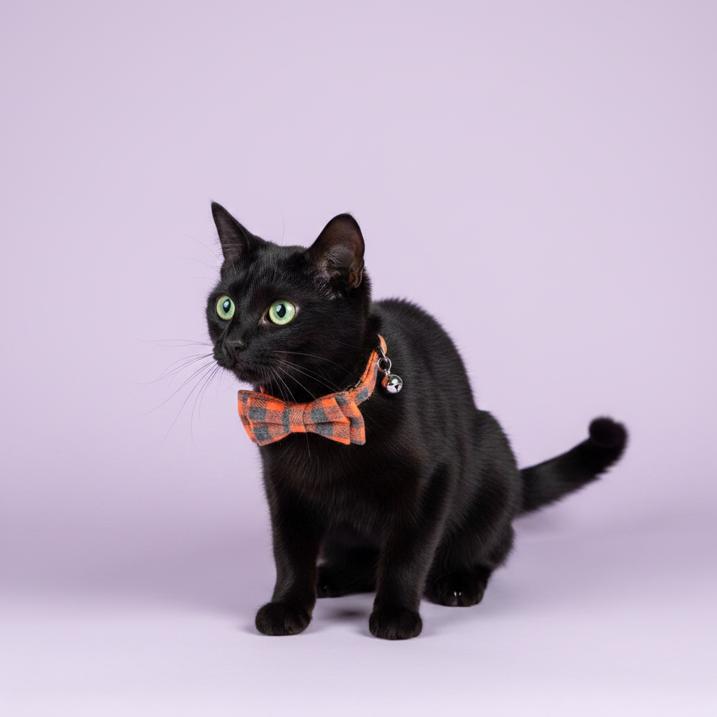 Black cat sitting upright with an upward gaze wearing an orange and grey plaid bow tie breakaway cat collar with a silver bell