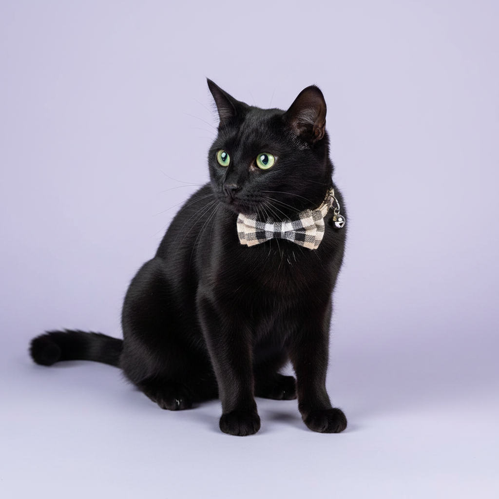 Black cat sitting upright and gazing to the side wearing a cream and black plaid bow tie breakaway cat collar with a silver bell