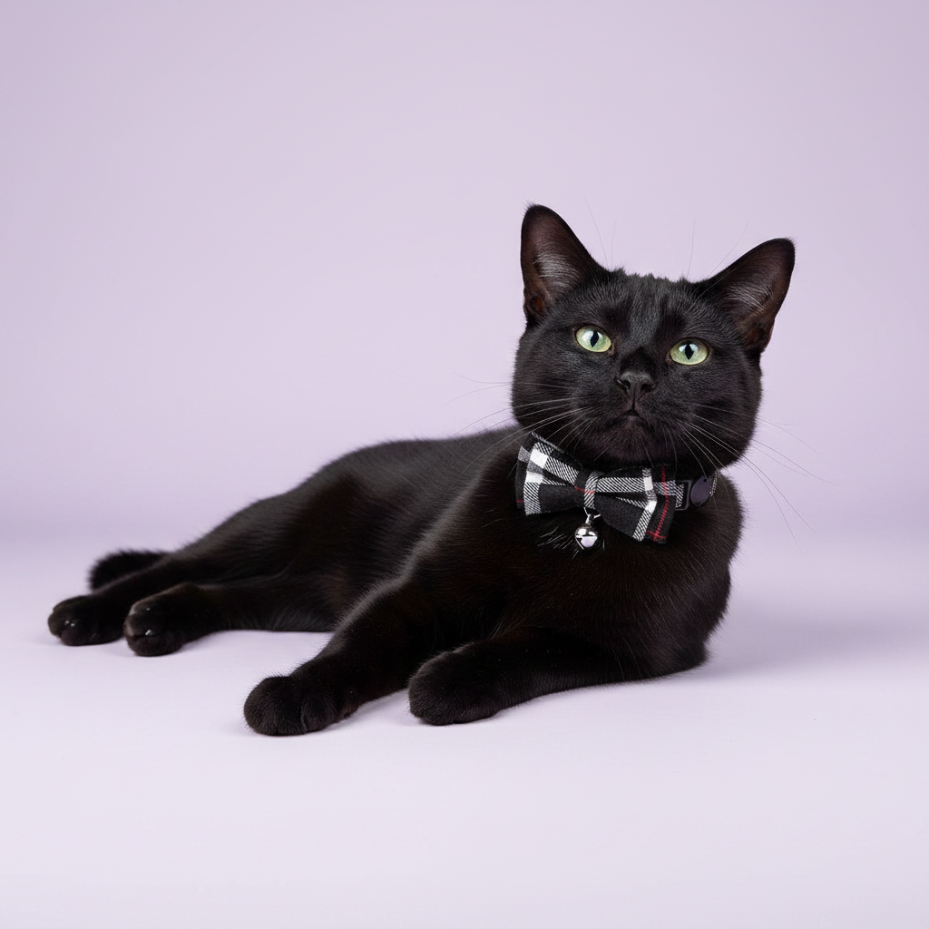 Black cat lounging with paws stretched forward and gazing upward wearing a grey and black plaid bow tie breakaway cat collar with a silver bell