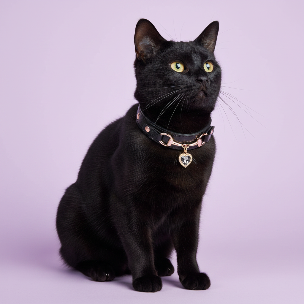 Black cat with green eyes seated upright and looking to the side, wearing a black leather pet collar with rose gold snaffle-bit hardware and a grey crystal heart charm pendant, on a soft lavender background