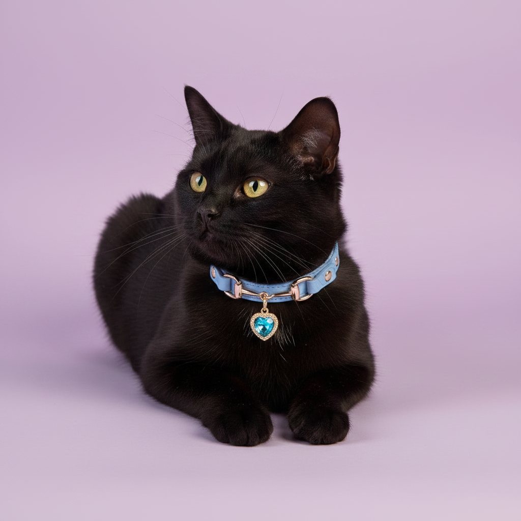 Black cat with green eyes lying down and looking to the side, wearing a light blue leather pet collar with rose gold snaffle-bit hardware and a teal crystal heart charm pendant, on a soft lavender background